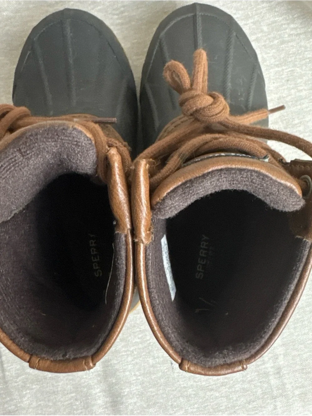 Sperry Kids Brown and Black Waterproof Duck Boots with Tan Outsole